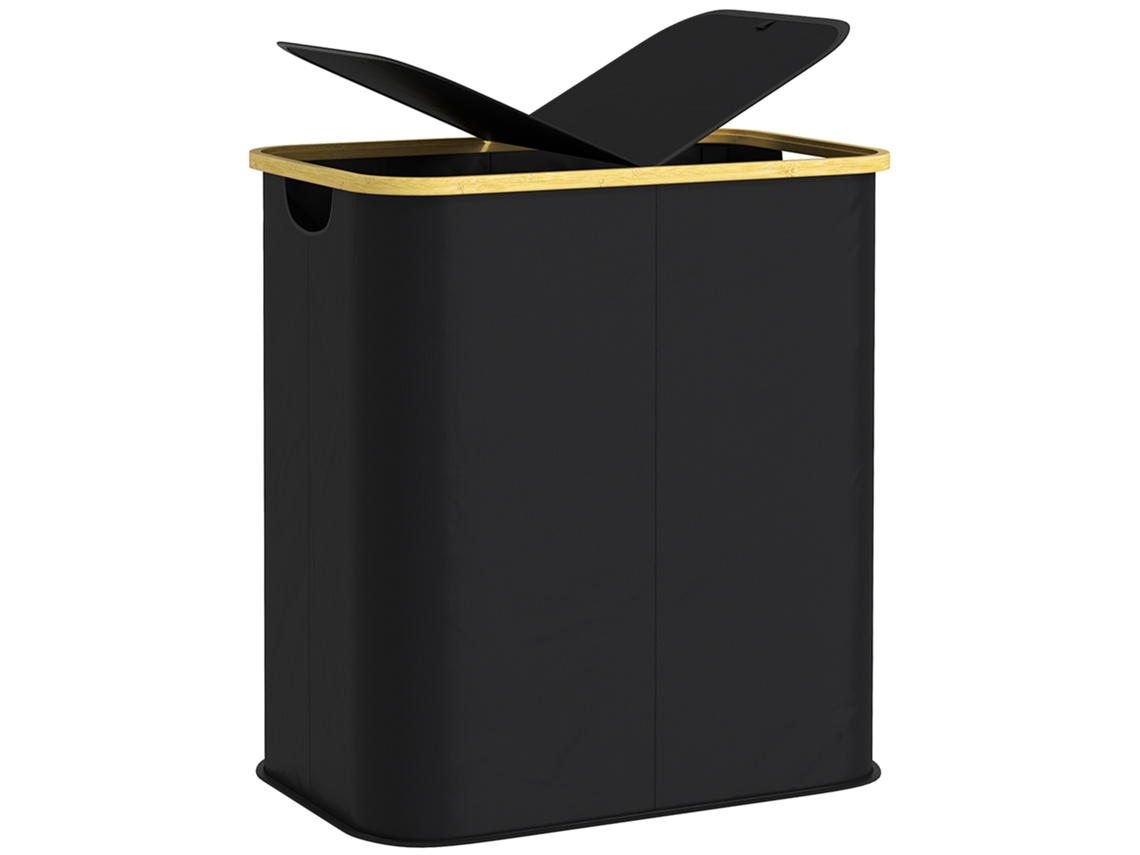 Cesto Ropa 80l 2 Compartimentos Con Tapa, Tela+bambú, 54x34x58,5cm, Negro