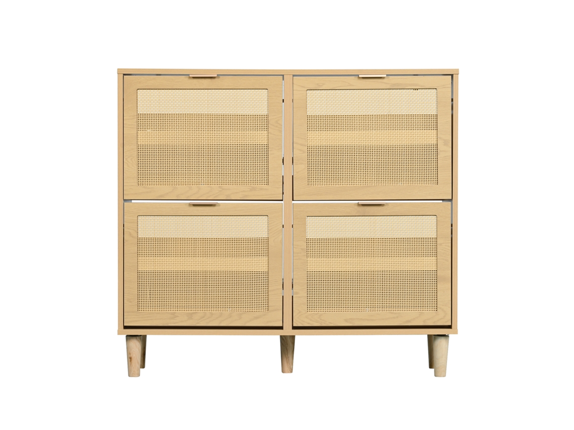 Zapatero de Madera y Ratán con 4 Puertas y Bisagras Natural Mobrio