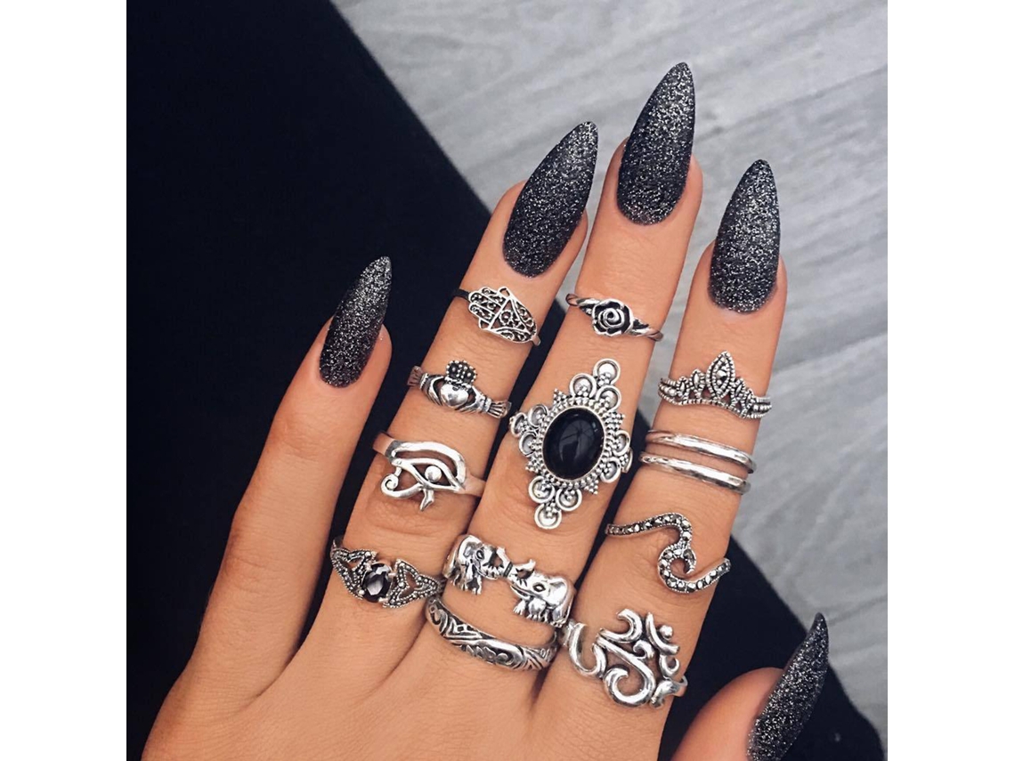 Conjunto De 13 Anillos Vintage Con Elefante Y Piedras Negras, Joyería De Plata.