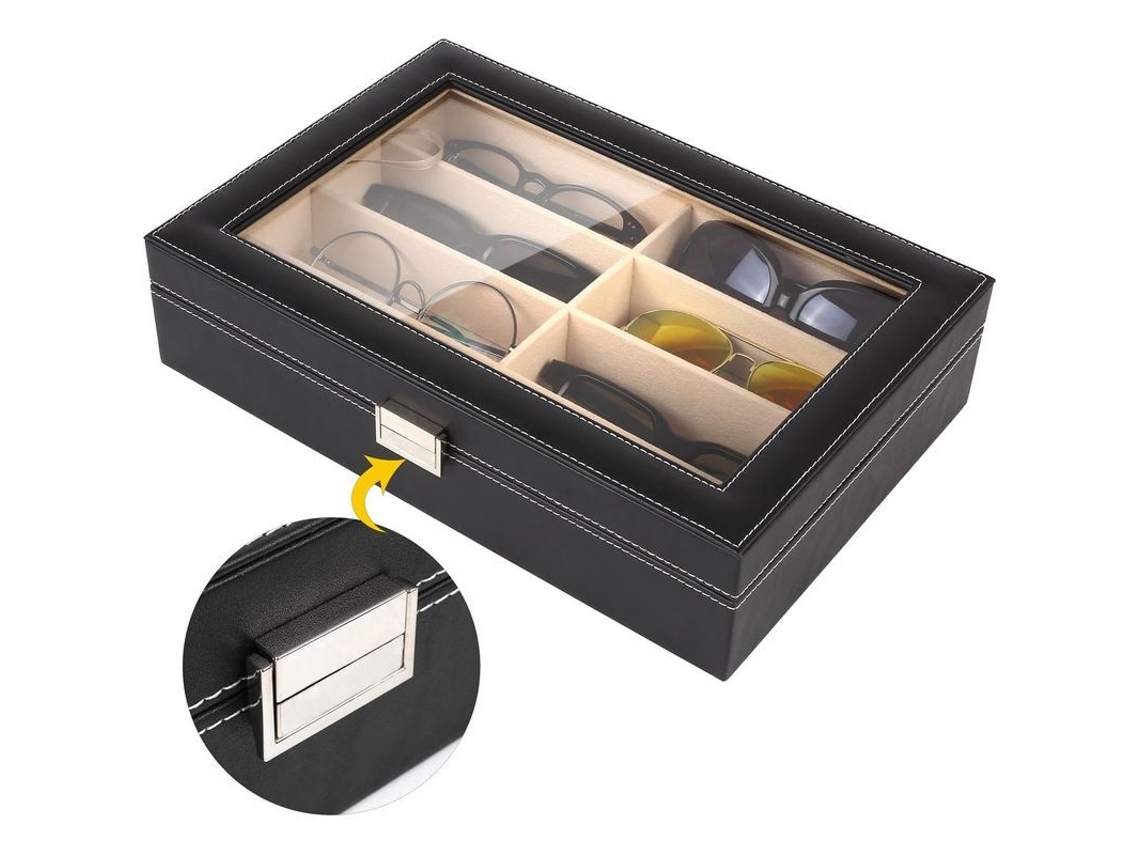 Estuche Práctico Para Gafas De Sol Y De Lectura, De Piel Sintética, Negro, 8 Compartimentos.