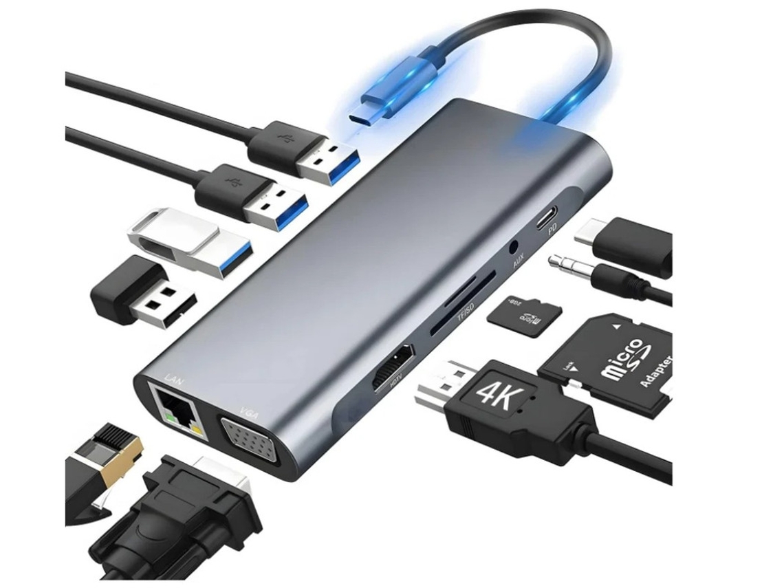 Adaptador de base USB-C Yizhood 11 en 1 con HDMI 4K, Ethernet, RJ45, VGA, puerto USB, 100 W, PD, Aux, lector de tarjetas SD/TF, gris