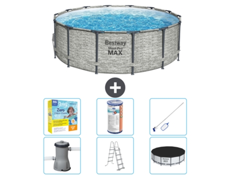 Piscina BESTWAY Round Steel Pro MAX - Estampado Piedra - 427 x 122 cm - Incluye Bomba - Escalera - Cobertor Accesorios CB36