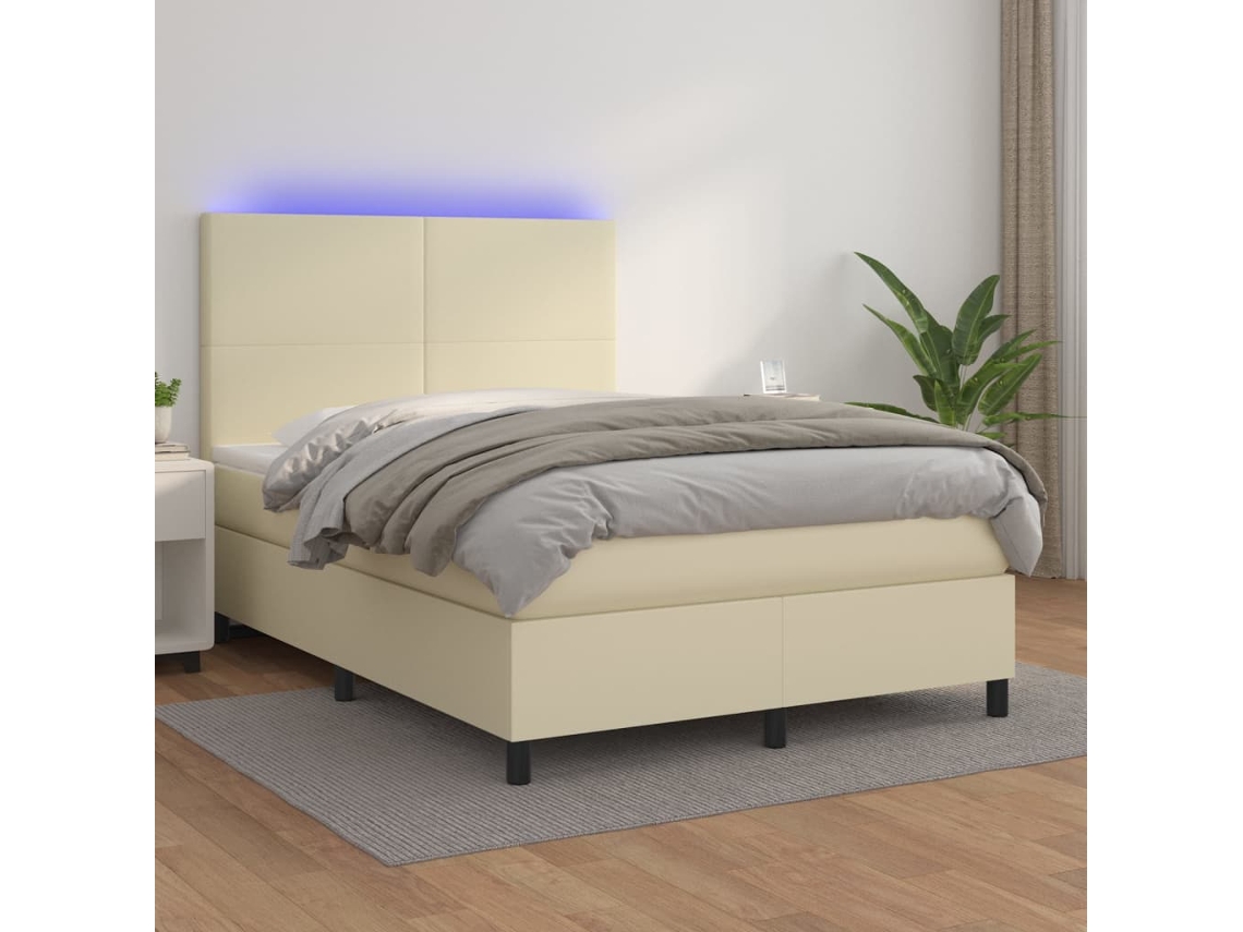 Syfax™ Cama Box Spring Colchón Y Led Cuero Sintético Crema 140x200 Cm