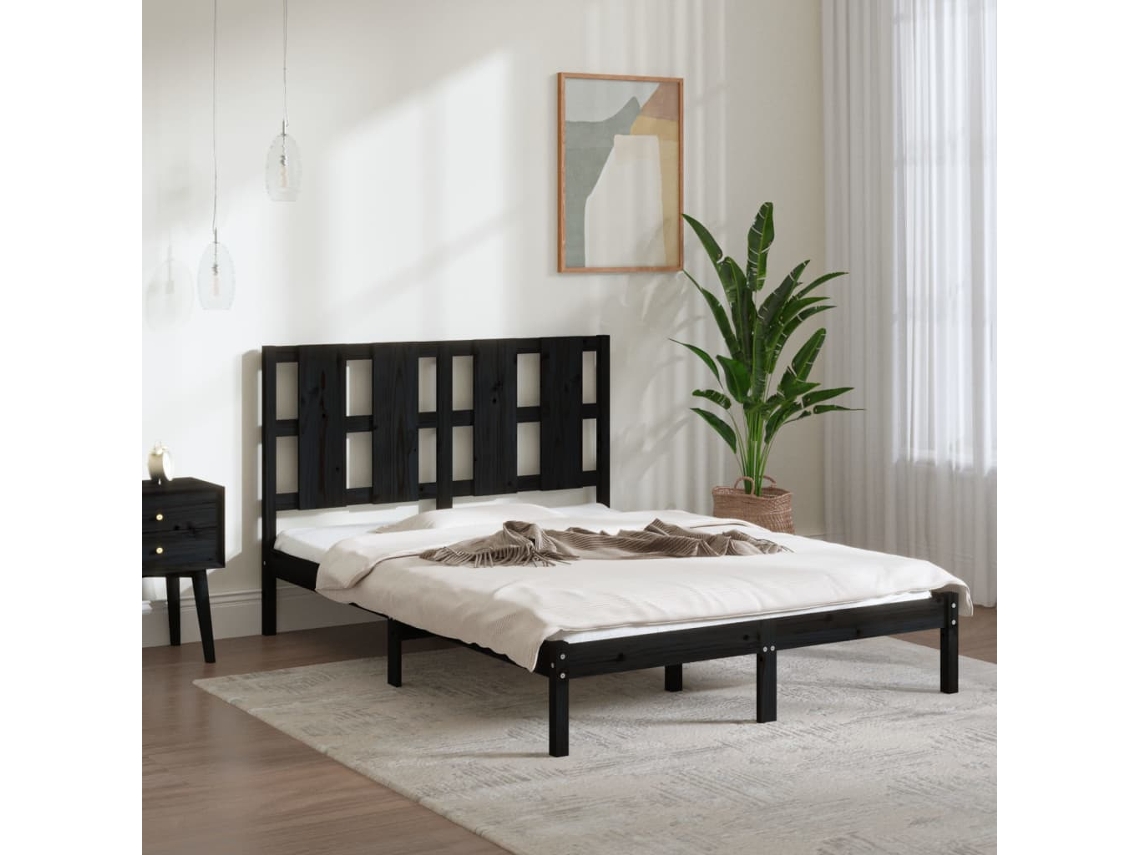 Estructura De Cama De Madera Maciza De Pino Negra 140x190 Cm