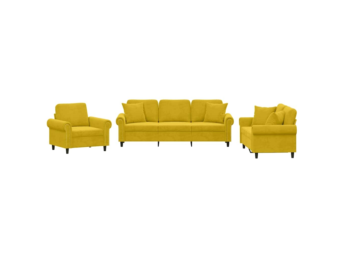 Juego de sofás de 3 piezas con cojines de terciopelo amarillo. EXCLUSIVO DE MAISON.