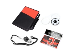 Baraja de cartas de fútbol MDUG en rojo y amarillo, con brazalete y silbato.