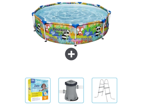 Piscina BESTWAY Round Steel Pro - 274 x 66 cm - Animal print - Incluida Paquete de mantenimiento - Bomba - Escalera