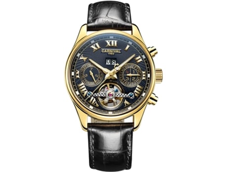 VEANXIN Relojes de pulsera de cuero con diseño hueco y esqueleto automático-negro negro oro