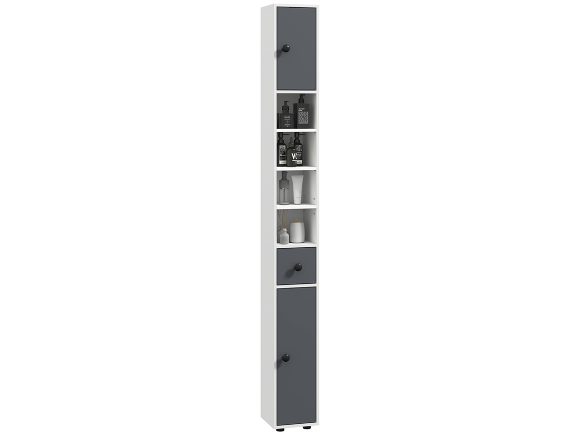 Armario Alto De Baño Con 1 Cajón, 4 Estantes Ajustables Y 2 Armarios, 20 X 20 X 180 Cm, Gris.