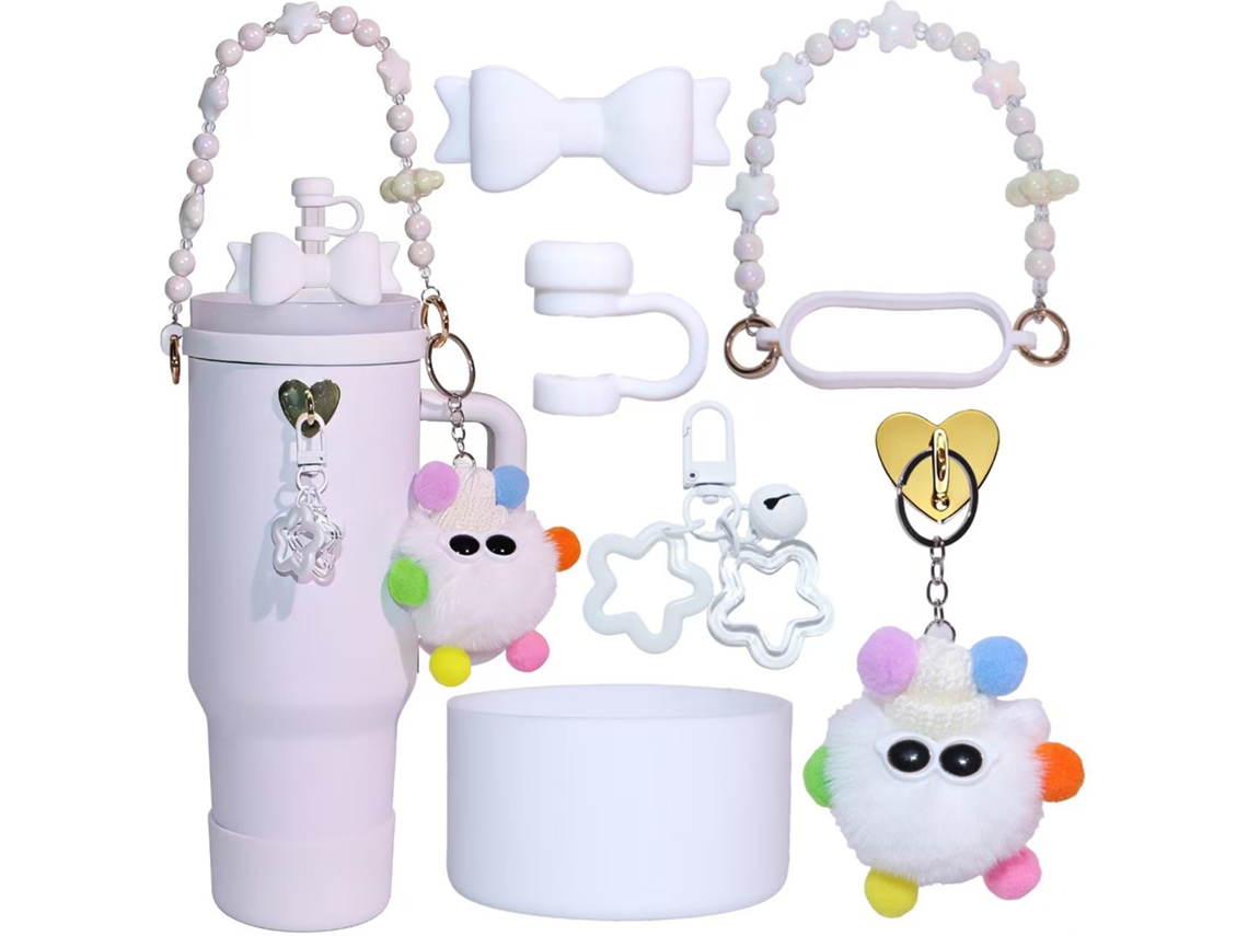 Juego de accesorios EIFSON de 8 piezas para vasos Stanley de 40 oz/30 oz con fundas de silicona y llaveros (blanco)