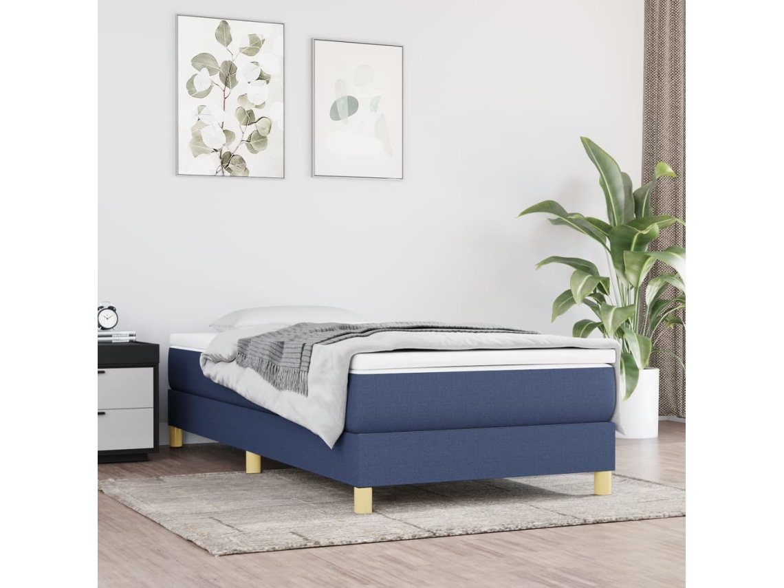 Cama Box Spring Con Colchón Tela Azul 90x190 Cm