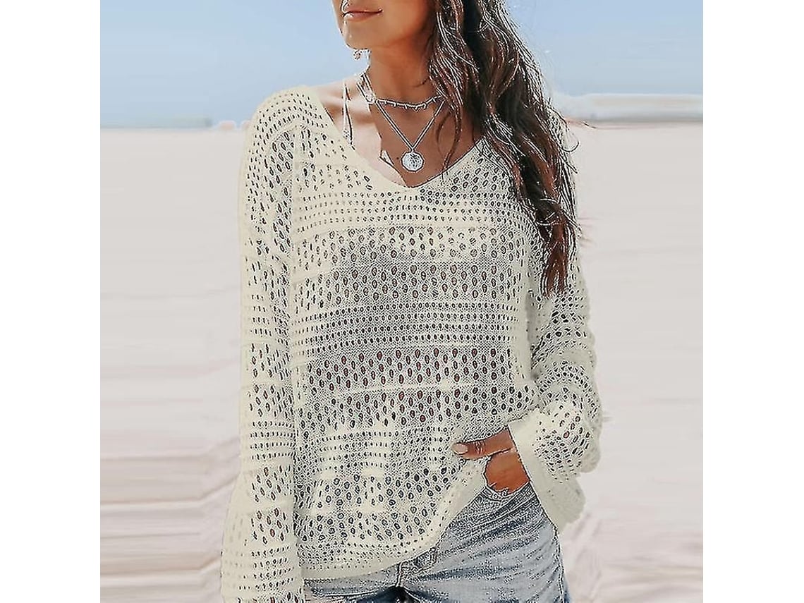 2026-chaqueta De Baño Para Mujer De Color Sólido Con Cuello V Y Encaje Crochet, Top De Verano Para Playa Y Piscina
