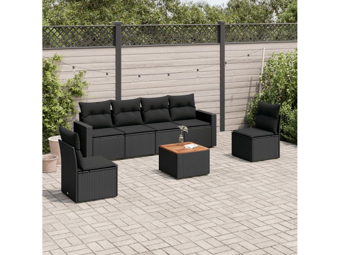 Conjunto de sofá de jardín de 7 piezas con cojines, ratán negro, Dkd Home Decor