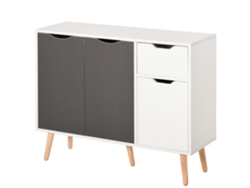 Aparador móvil con 2 armarios, cajón, patas de madera, 90x30x72 cm, gris y blanco, PMM CAPITALI