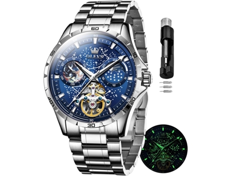 VEANXIN Reloj mecánico automático para hombre sin pilas con correa de acero inoxidable con fase lunar resistente al agua(plata)