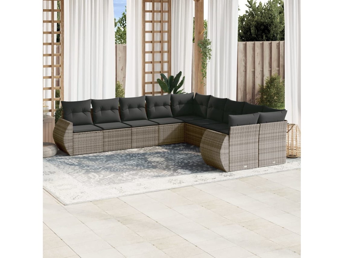 Conjunto de sofá de jardín de 11 piezas con cojines, ratán gris, DKD Home Decor