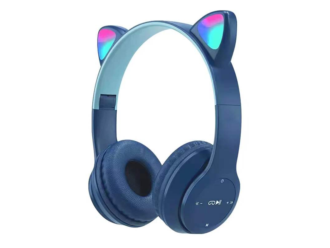 (p47m Azul) Auriculares Inalámbricos Con Orejas De Gato, Plegables, Con Linterna Led, Auriculares Bluetooth