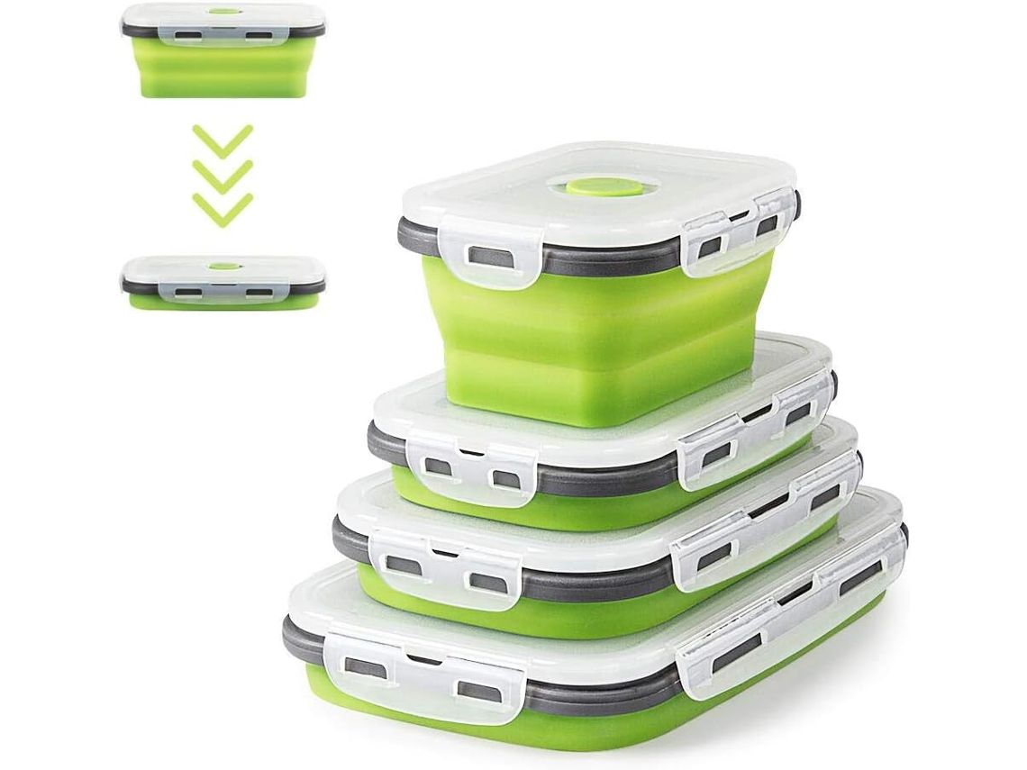 4 Fiambreras Plegables De Silicona Verde Con Tapa Para Picnic
