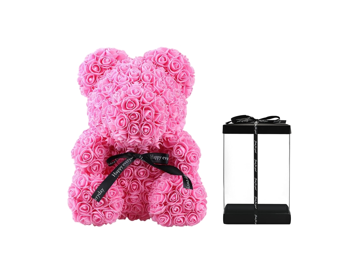 Oso de peluche con rosa eterna y flor artificial, con caja de regalo.