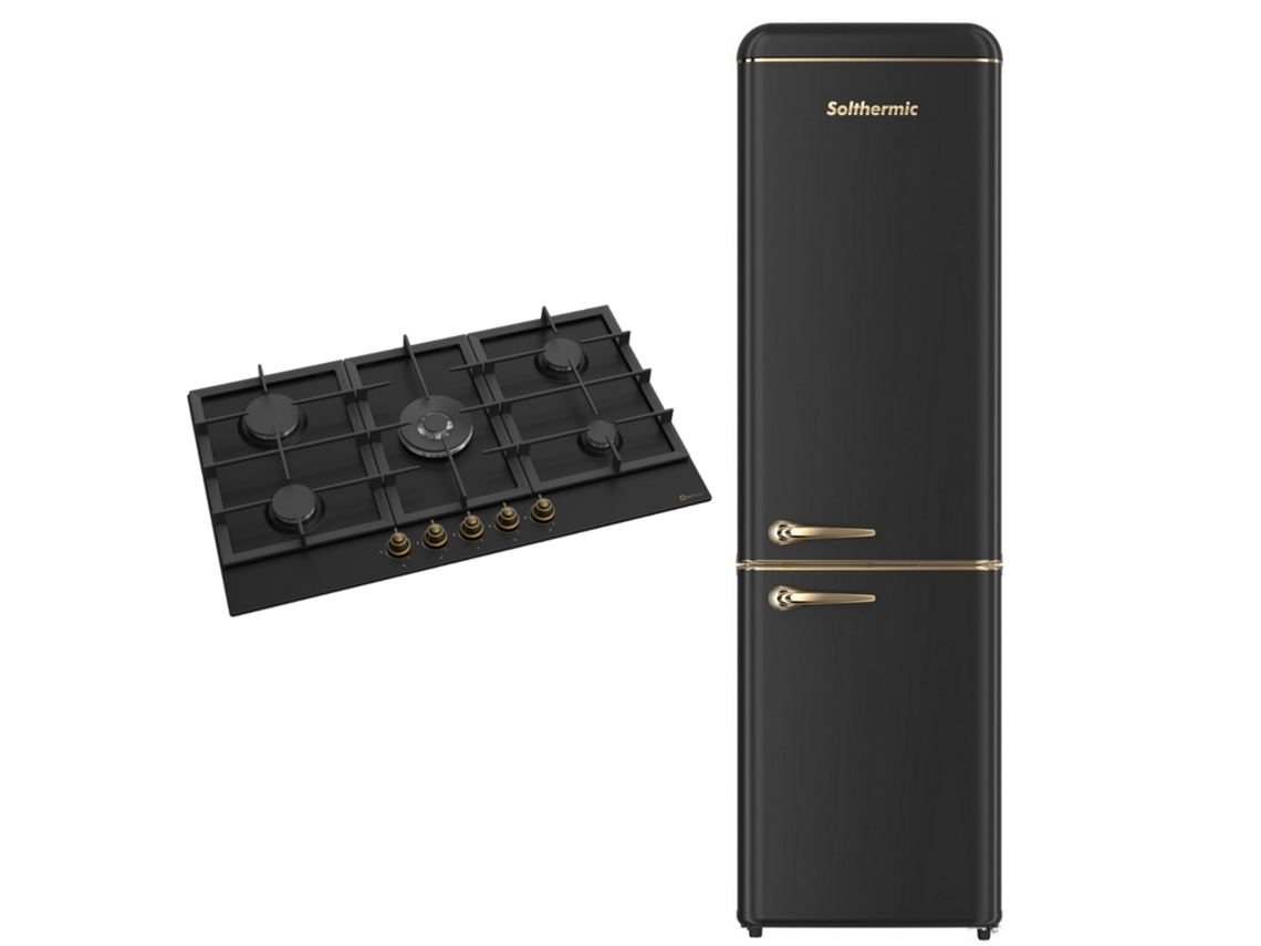 Paquete Refrigerador Solthermic® Estufa a Gas 90 Bl042 Rustic Black 5 Quemadores Con Wok Refrigerador Retro Refrigerador 1.88 Negro