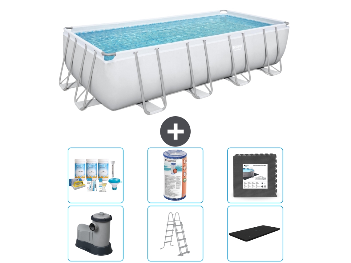 Piscina BESTWAY Rectangular Power Steel - 549 x 274 x 122 - Gris - Incluida bomba - Escalera - Cobertor Paquete de mantenimiento - Filtrar - Baldosas