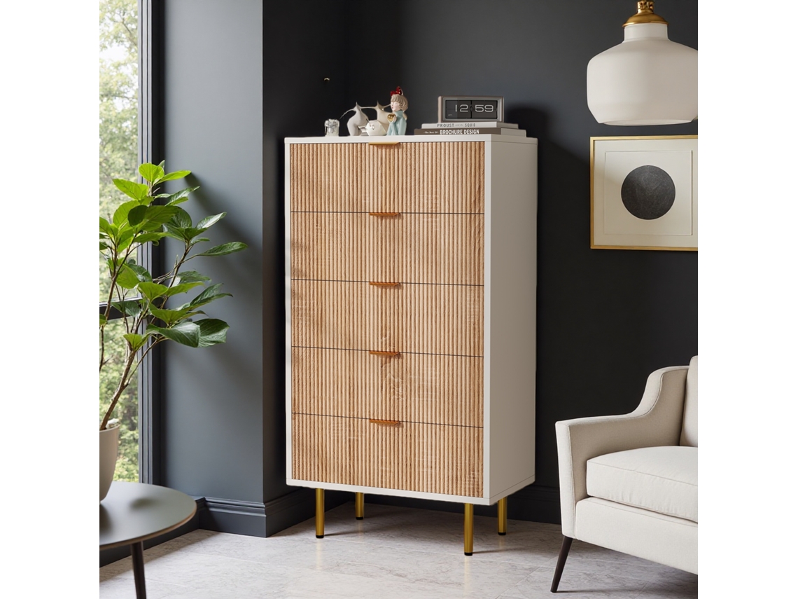 Cómoda de 5 cajones de 60x34x110cm, cómoda moderna con tiradores dorados, madera blanca y natural, estilo nórdico de lujo para el dormitorio.