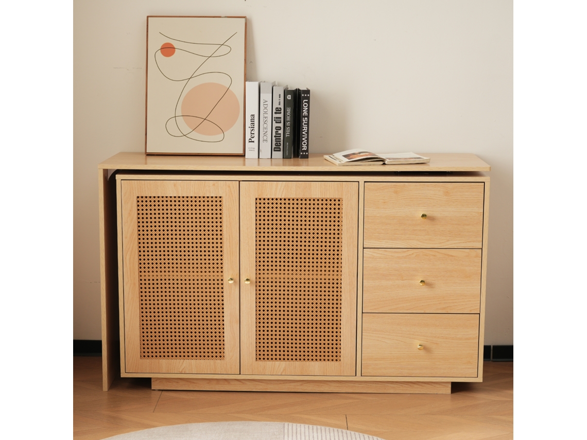 Escritorio L-forma 126 Cm - Mesa De Computadora Con Puertas De Ratán - Madera Natural