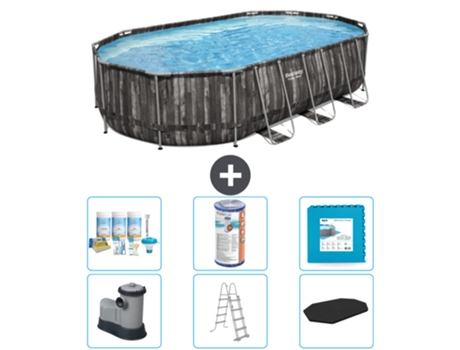 Piscina BESTWAY Oval Power Steel - 610 x 366 x 122 - Gris - Incluye bomba - Escalera - Cobertor Paquete de mantenimiento - Filtrar - Baldosas