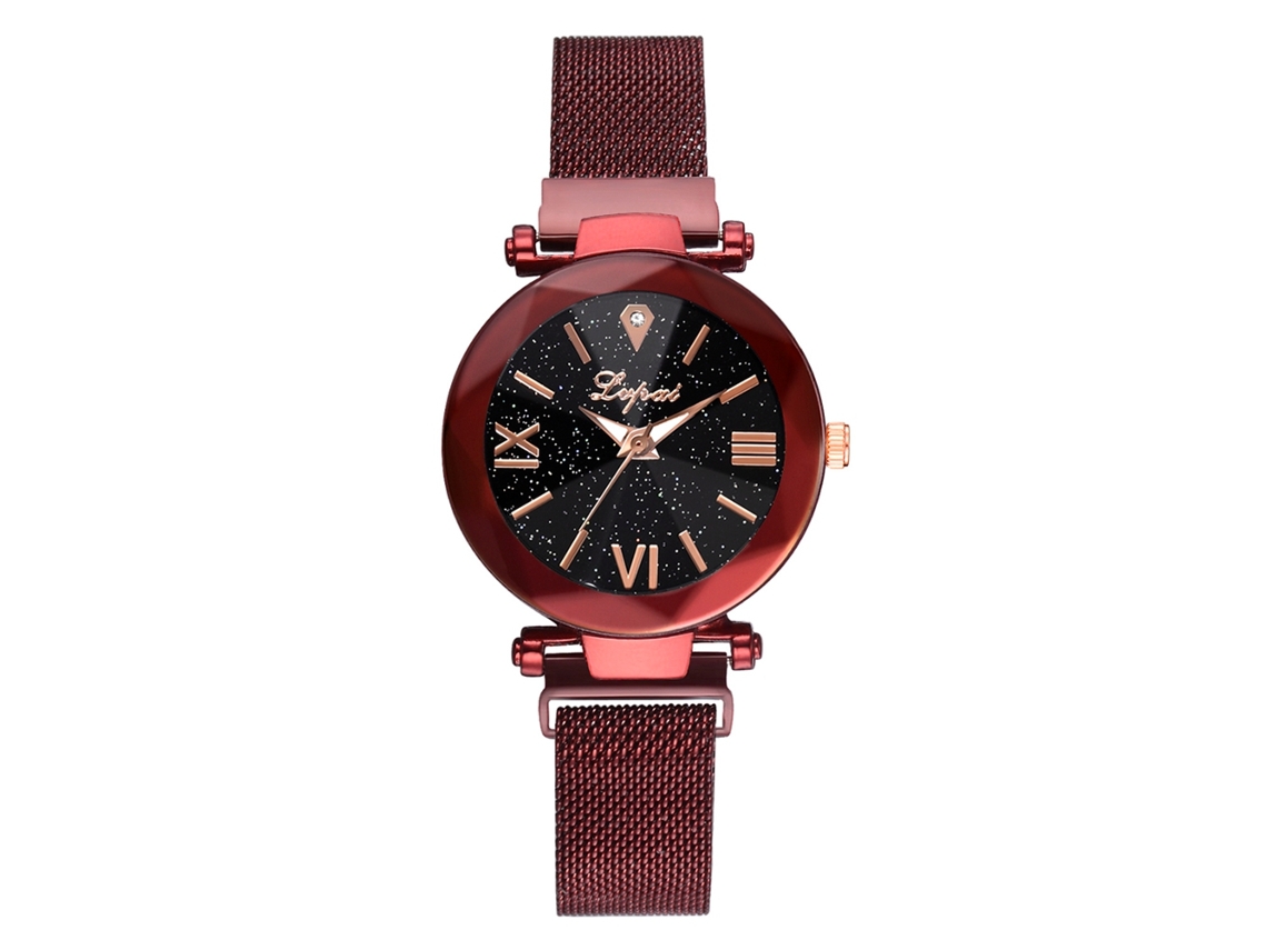 Reloj De Pulsera De Cuarzo Para Mujer Con Correa De Aleación, Diseño De Cielo Estrellado A La Moda Con Diamantes De Imitación Rojos.