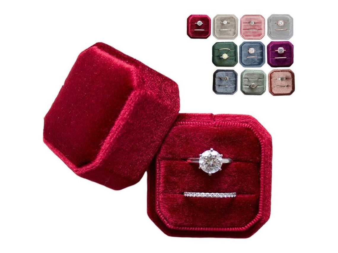 2026-caja De Anillos De Terciopelo Vintage Con 2 Ranuras Para Boda Y Fotografía De Novia Rojo