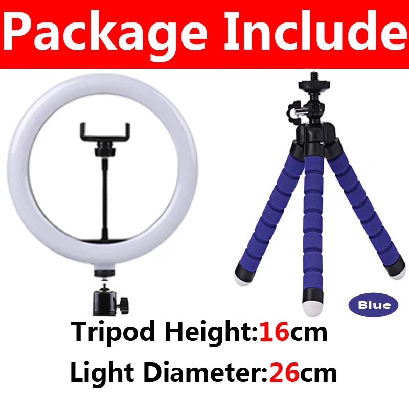 Anillo de luz LED regulable para selfies de 26 cm con trípode y soporte para teléfono para maquillaje en vivo de YouTube - 1 pieza A-26 cm azul