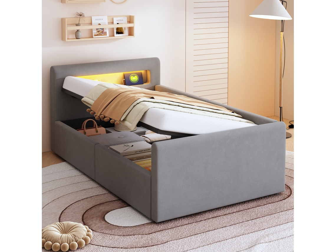 Cama Infantil De 90x200 Cm, Terciopelo Gris, Con Estantes Led Y Conexión Usb.