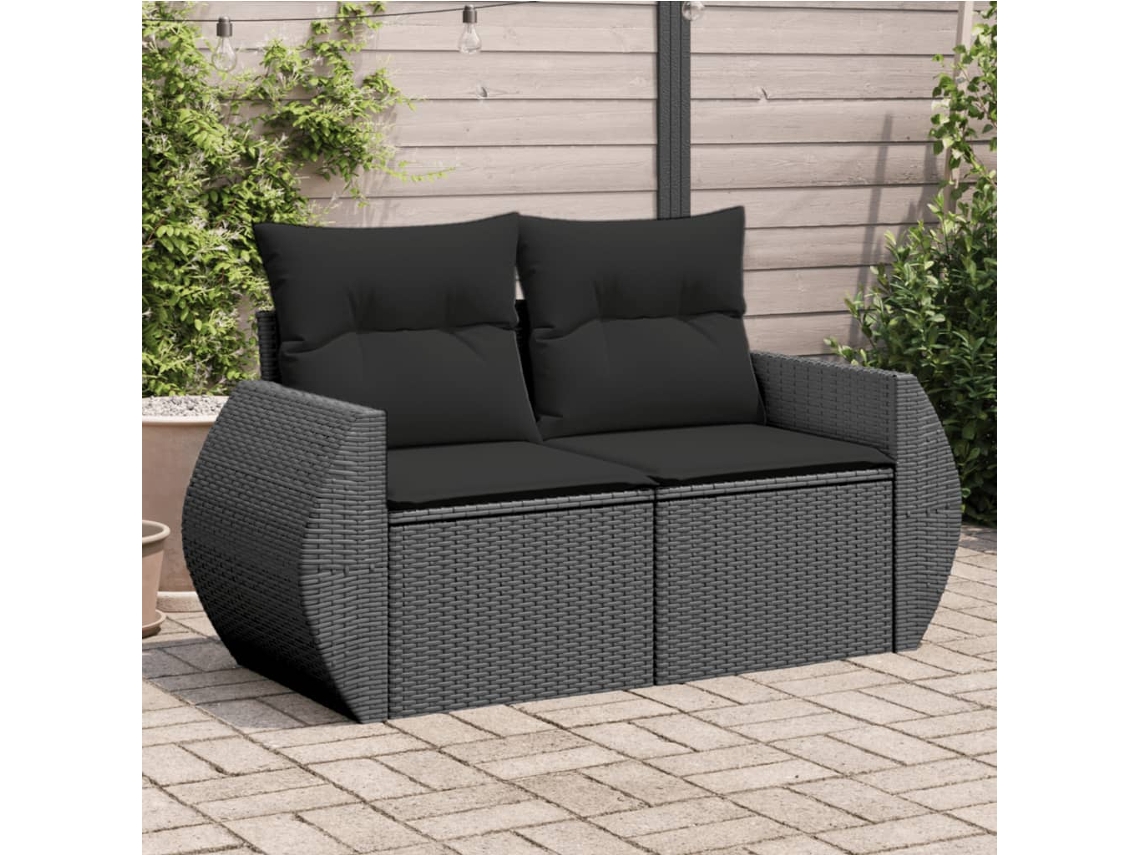 Sofá de jardín de 2 plazas con cojines, mimbre, negro, PE, Dkd Home Decor