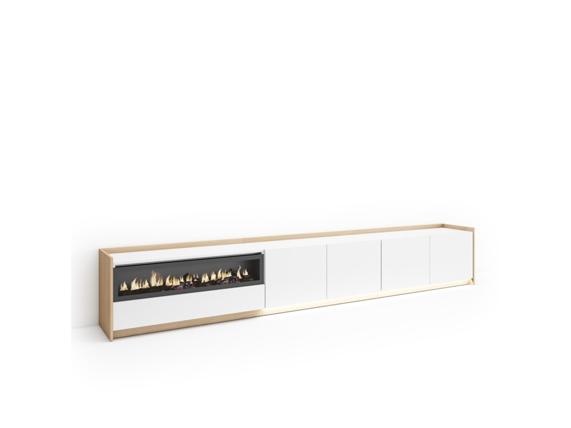 Mueble Tv, Televisión, 310x37x50cm, Para Tv Hasta 80", Chimenea Eléctrica, Led, Blanco Y Roble Soft