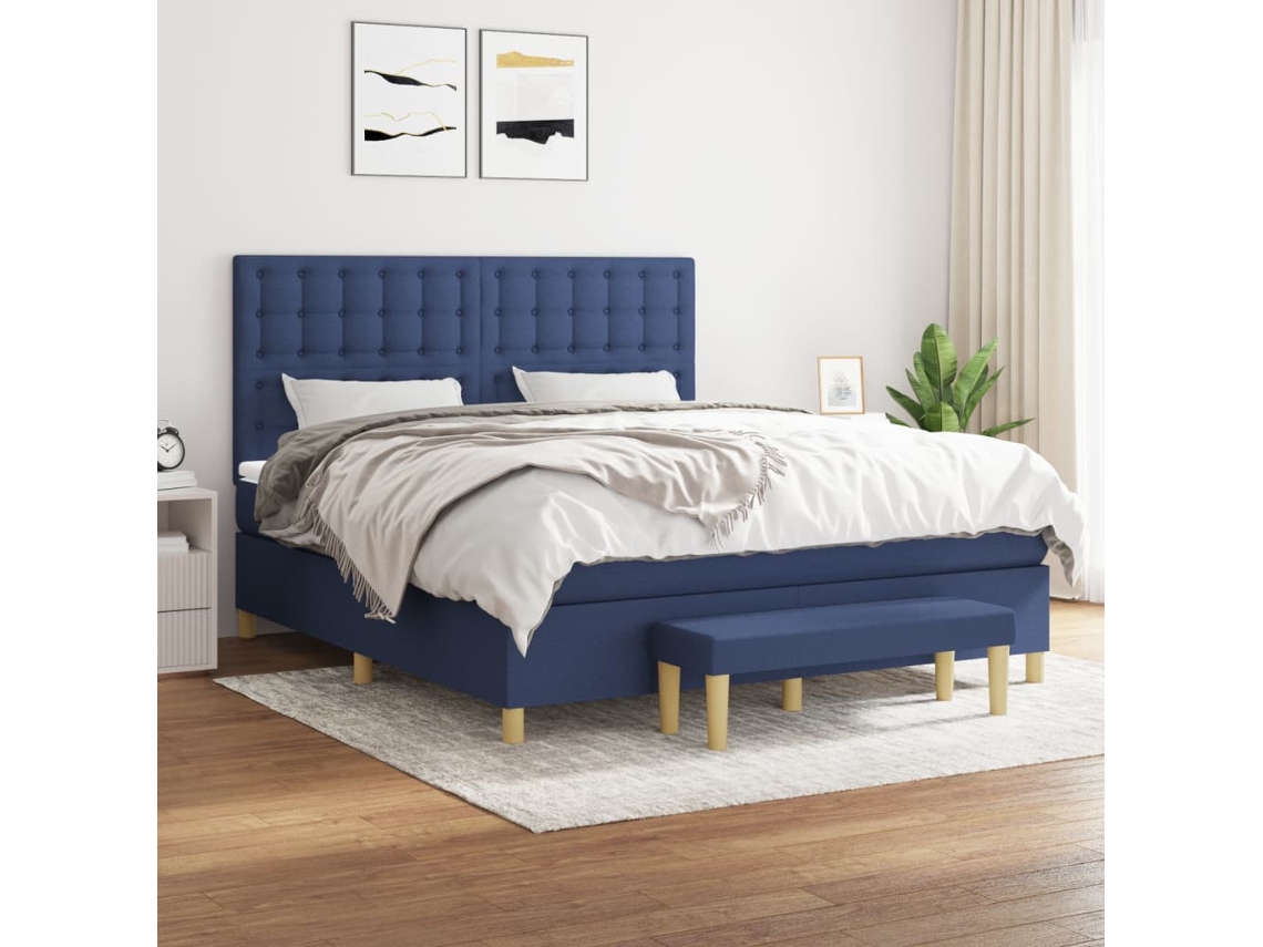 Cama Box Spring Con Colchón Tela Azul 160x200 Cm