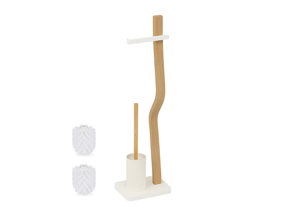 Juego De Baño Relaxdays, Hxbxt: 78,5 X 23 X 18 Cm, Madera Y Metal, Soporte De Papel Con Escobilla, Blanco/natural.