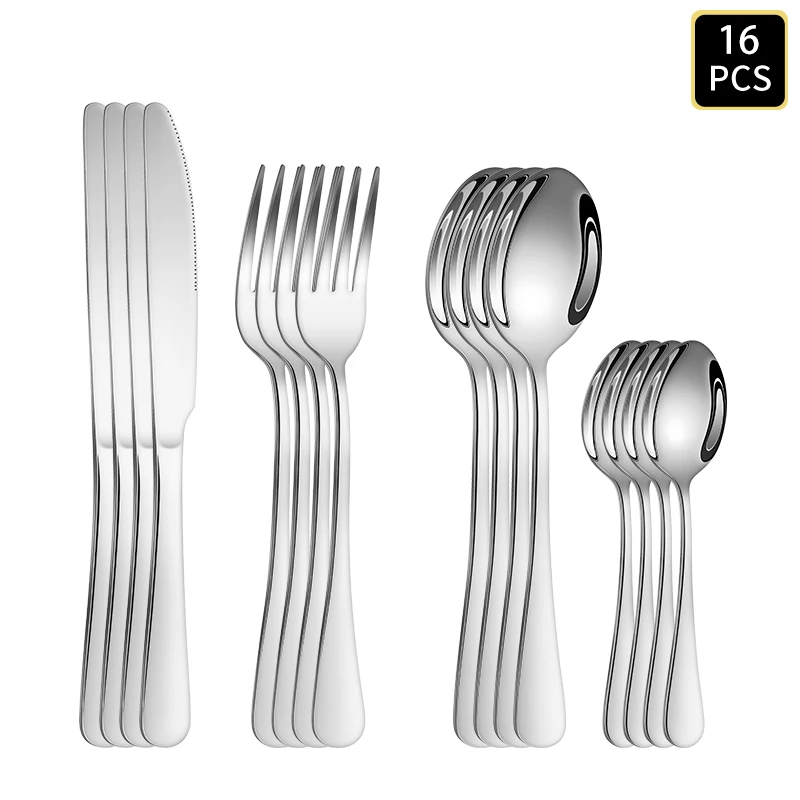Juego De Cubiertos De Acero Inoxidable (16 Piezas, Color Plata), Modelo 1010, Que Incluye Cuchillo, Tenedor Y Cuchara Con Mango Redondo.
