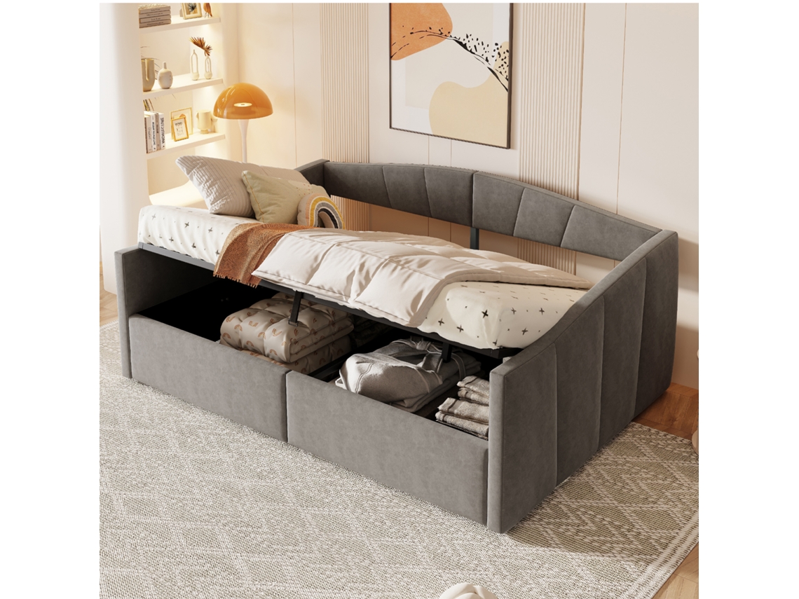 Sofá Cama Tapizado De 140x200 Cm Con Almacenamiento Hidráulico, Base De Láminas Y Reposabrazos, En Terciopelo Gris.