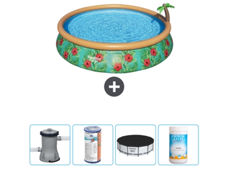 Piscina Hinchable Redonda Fast Set BESTWAY - Estampado Paraíso - 457 x 84 cm - Bomba Incluida Filtrar - Cubrir - Cloro