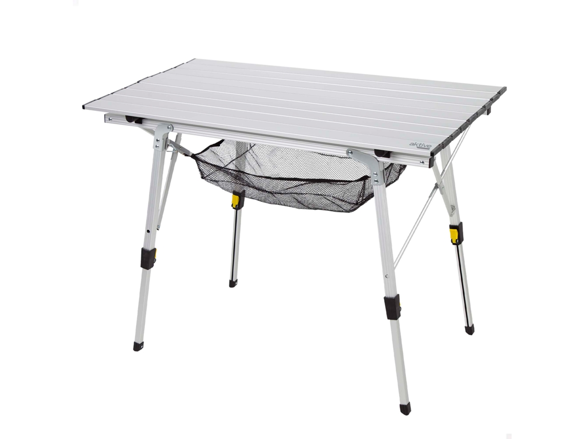 AKTIVE Mesa plegable camping aluminio antideslizante y desmontable altura ajustable c/red auxiliar