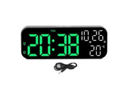 Reloj digital LED Baok con doble pantalla, control por voz, brillo ajustable, fecha, temperatura, temporizador de cuenta regresiva y alarma, en color negro y verde.