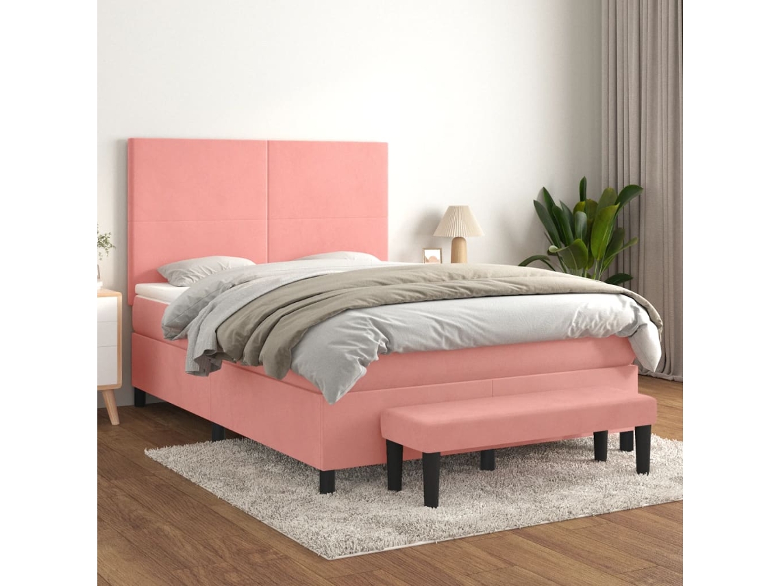 Cama Box Spring Con Colchón Terciopelo Rosa 140x200 Cm