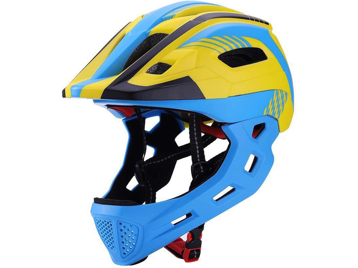 Casco infantil MDUG con protector de barbilla extraíble, amarillo y azul.