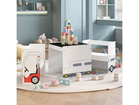 Conjunto 3 Mesa y sillas infantiles VIDAXL diseño coche de policía MDF