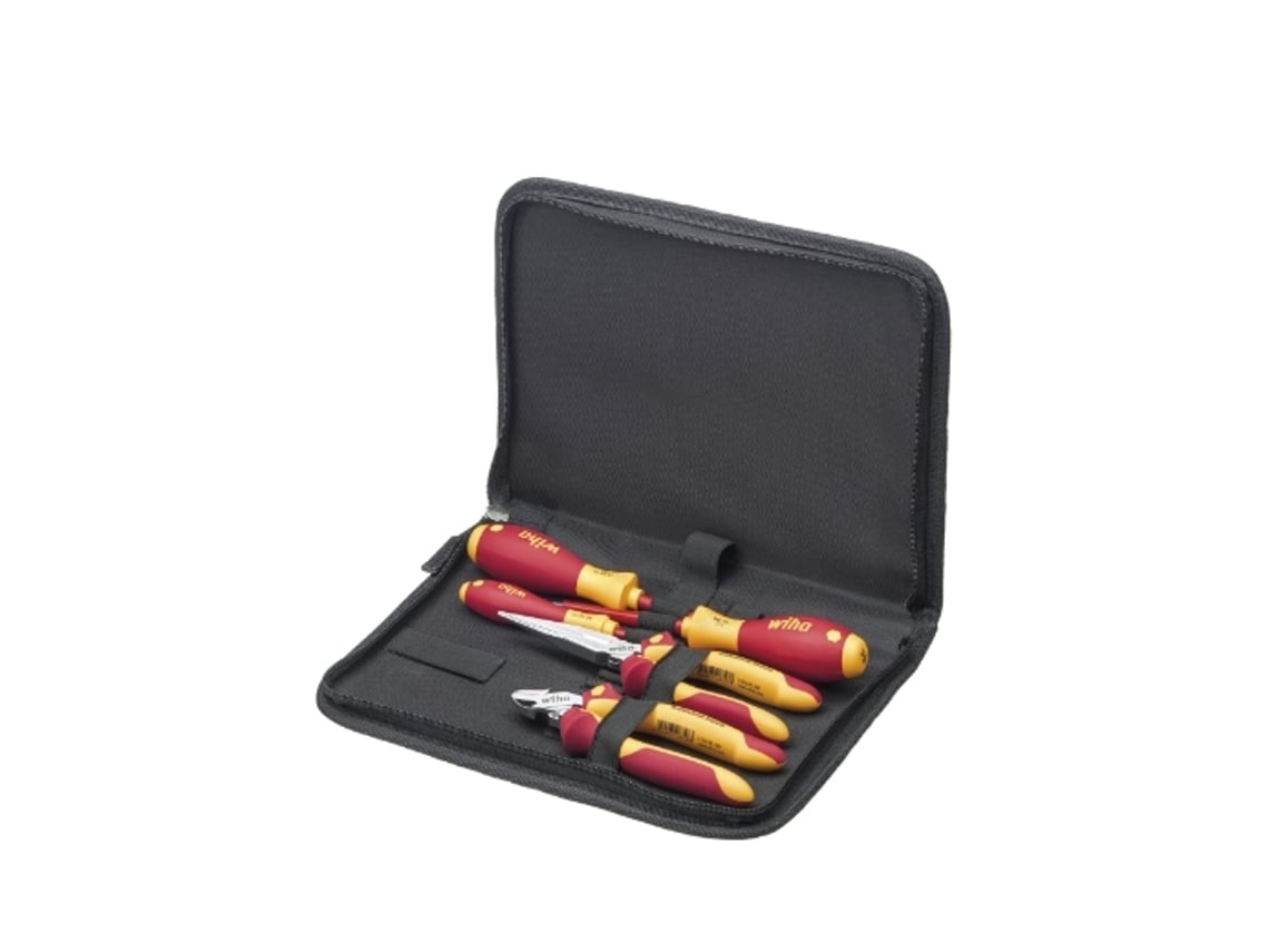 WIHA Juego de herramientas para electricistas con destornilladores, alicates de boca semi-redonda, alicates de corte diagonal, de 6 unid., incl. funda