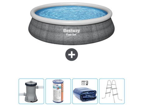 Piscina hinchable redonda Fast Set BESTWAY - Estampado ratán - 457 x 84 cm - Bomba incluida Filtrar - Vela solar - Escalera