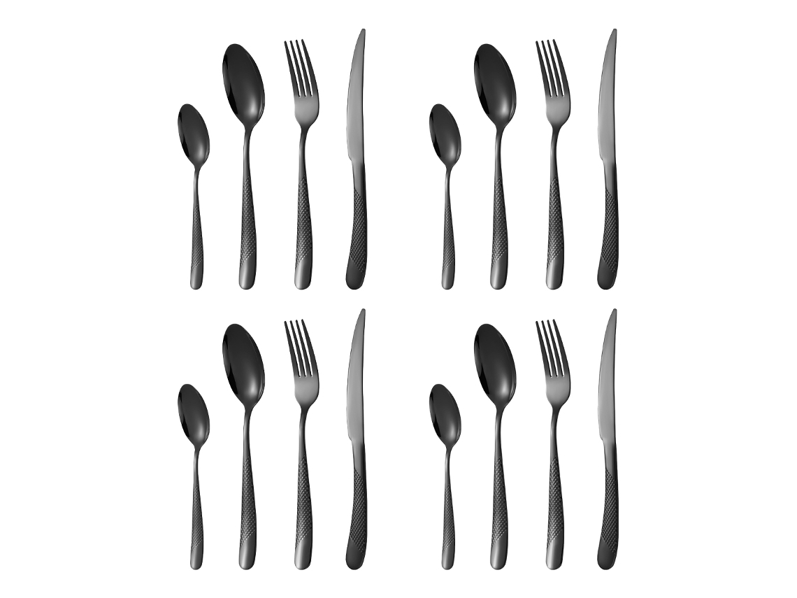 Juego de cubiertos moderno de 16 piezas en negro y plateado - Lavable a máquina TRUYUETY