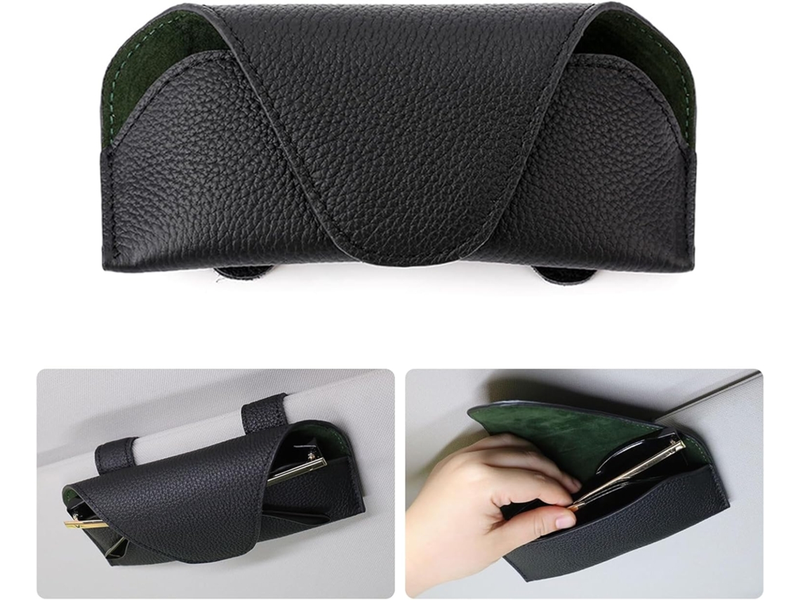 Portaojos Cuero Magnético Negro Para Carro Visor, Con Clip Para Tarjetas, Universal