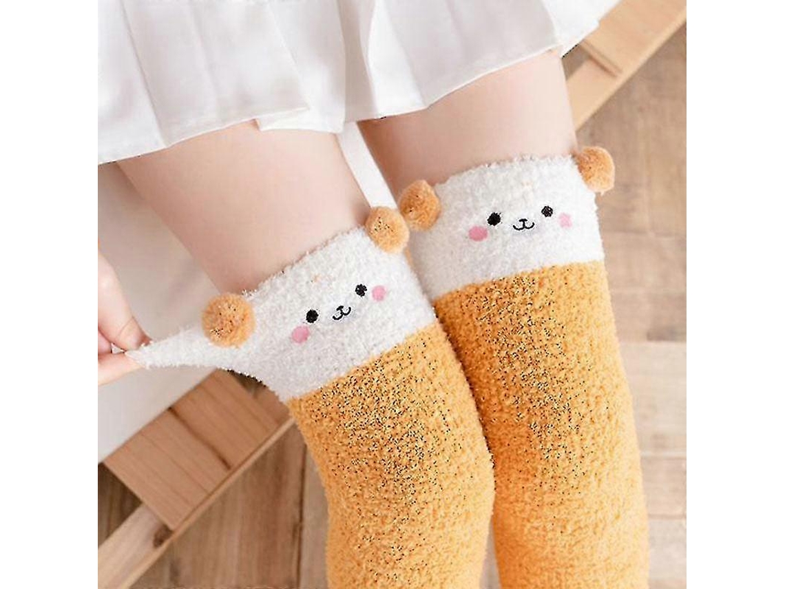 Calcetines suaves de lana coral hasta la rodilla, ideales para el invierno, para niñas y mujeres. Calcetines de rayas con estampados de animales, pelusas y dibujos animados.