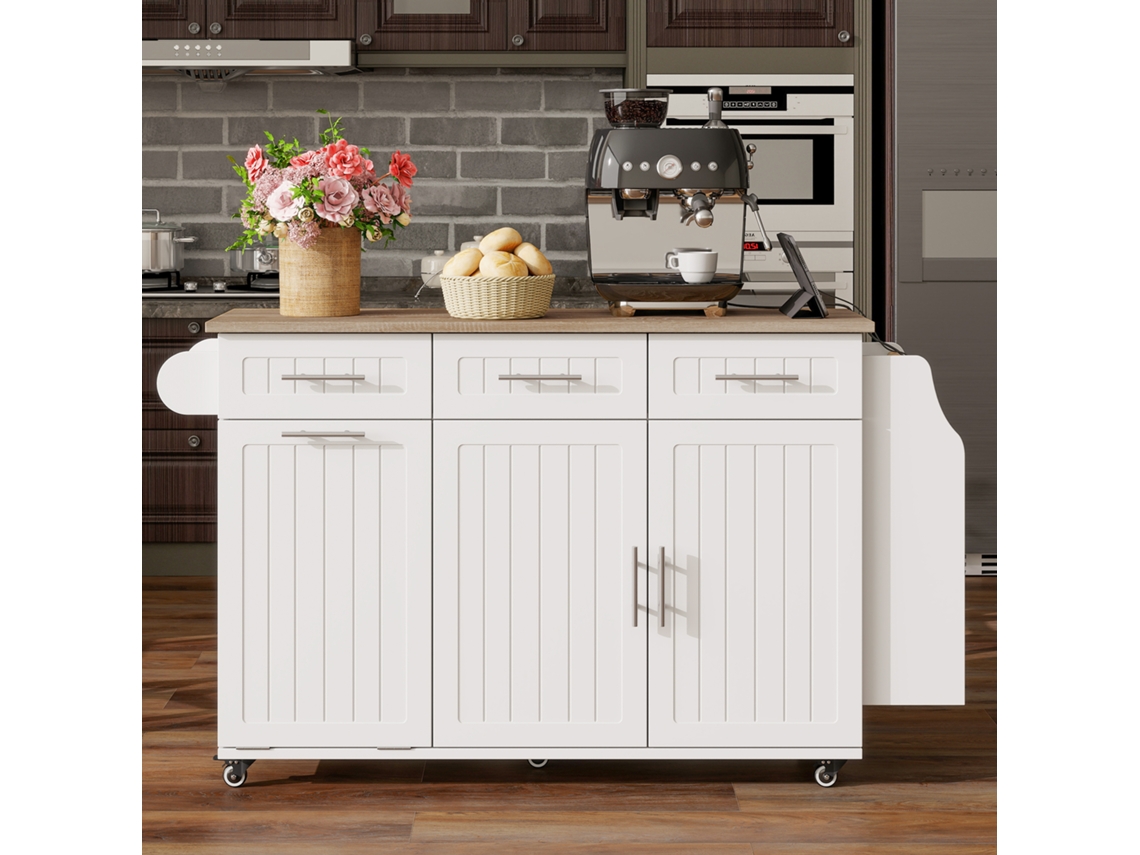 Isla De Cocina Móvil 135x40 Cm - Extensible, Con Tablero Y Espacio Basura, Ruedas, Enchufes - Blanco